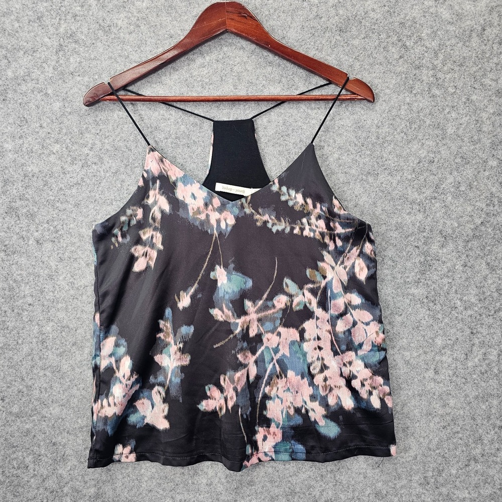 Cami Tank Top Womens Medium Black Floral Boho Flowy Summer Chiffon BISHOP YOUNG